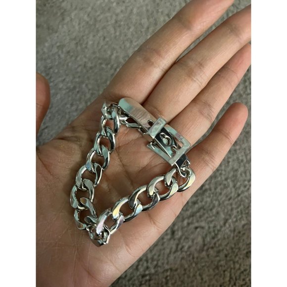 silver chain curb bracelet fat buckle chunky belt punk bangle bold statement - Picture 8 of 8